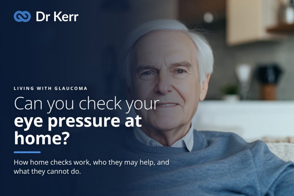 Smiling older man relaxing at home, with the headline Can you check your eye pressure at home?